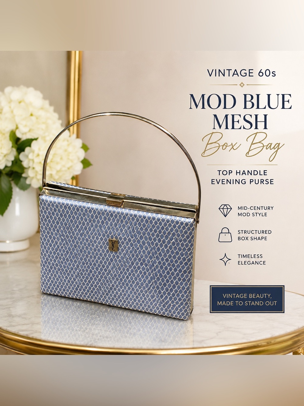 Vintage 60s Mod Blue Mesh Box Bag Top Handle Evening Purse